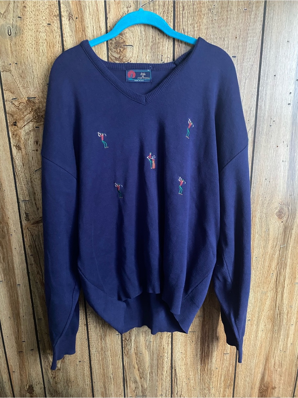 Vintage 90s Isle of Cotton Golf Embroidered V-Neck Sweater XL USA Made